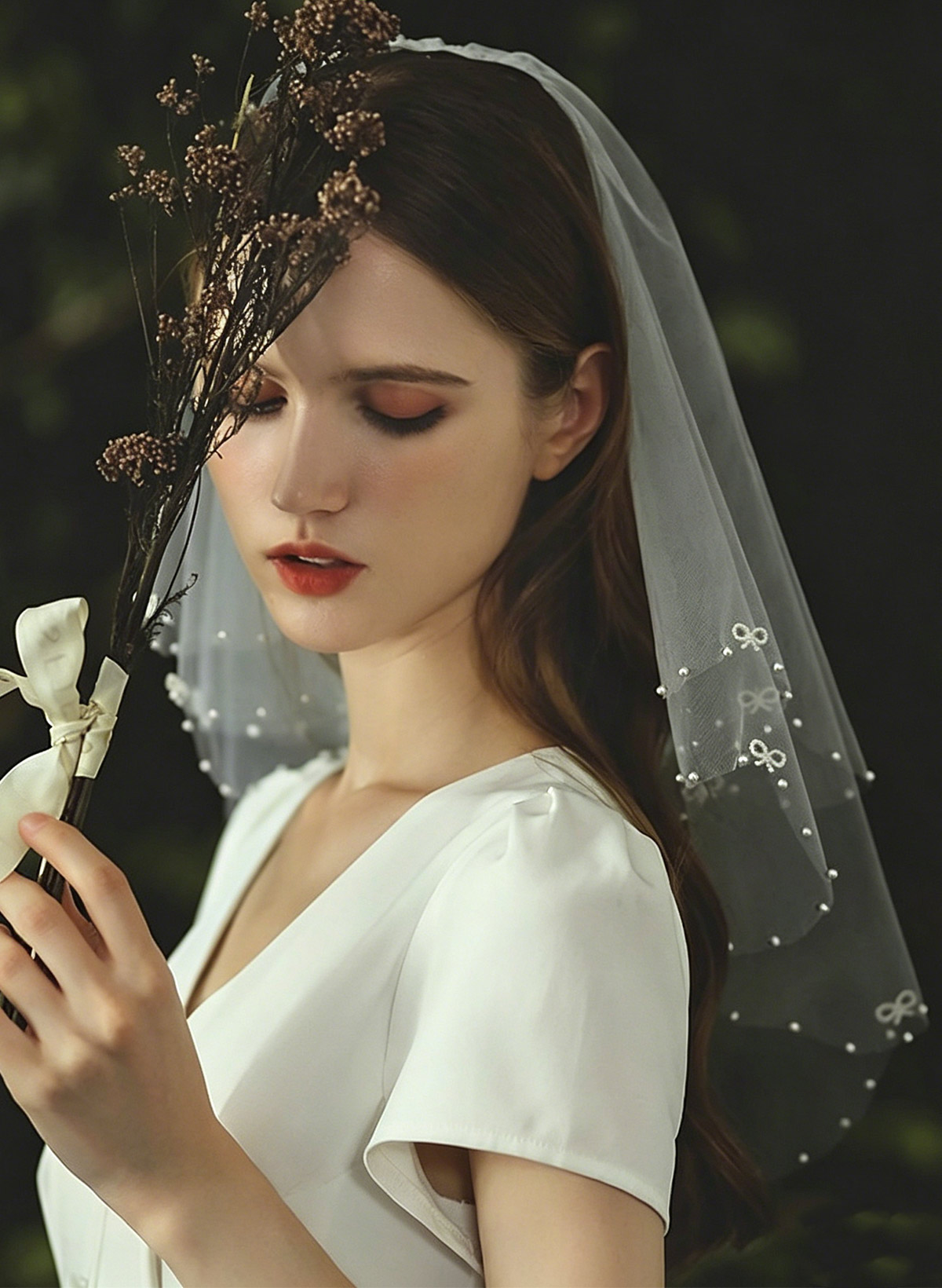 Cut Edge Pearl/Bowknot Two-Tier Tulle Elbow Bridal Veils