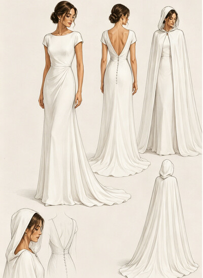 Trumpet/Mermaid Scoop Neck Short Sleeves Sweep Train Elastic Satin Wedding Dresses