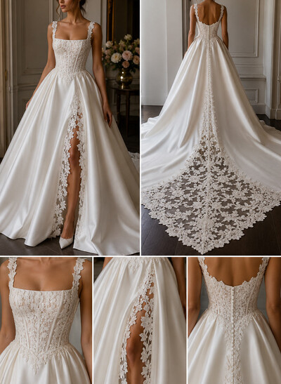 A-Line Square Neckline Sleeveless Chapel Train Lace Bride Wedding Dress With Appliques Lace