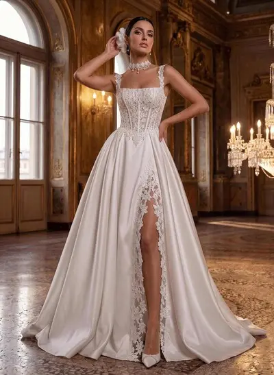 A-Line Square Neckline Sleeveless Chapel Train Lace Wedding Dress With Appliques Lace