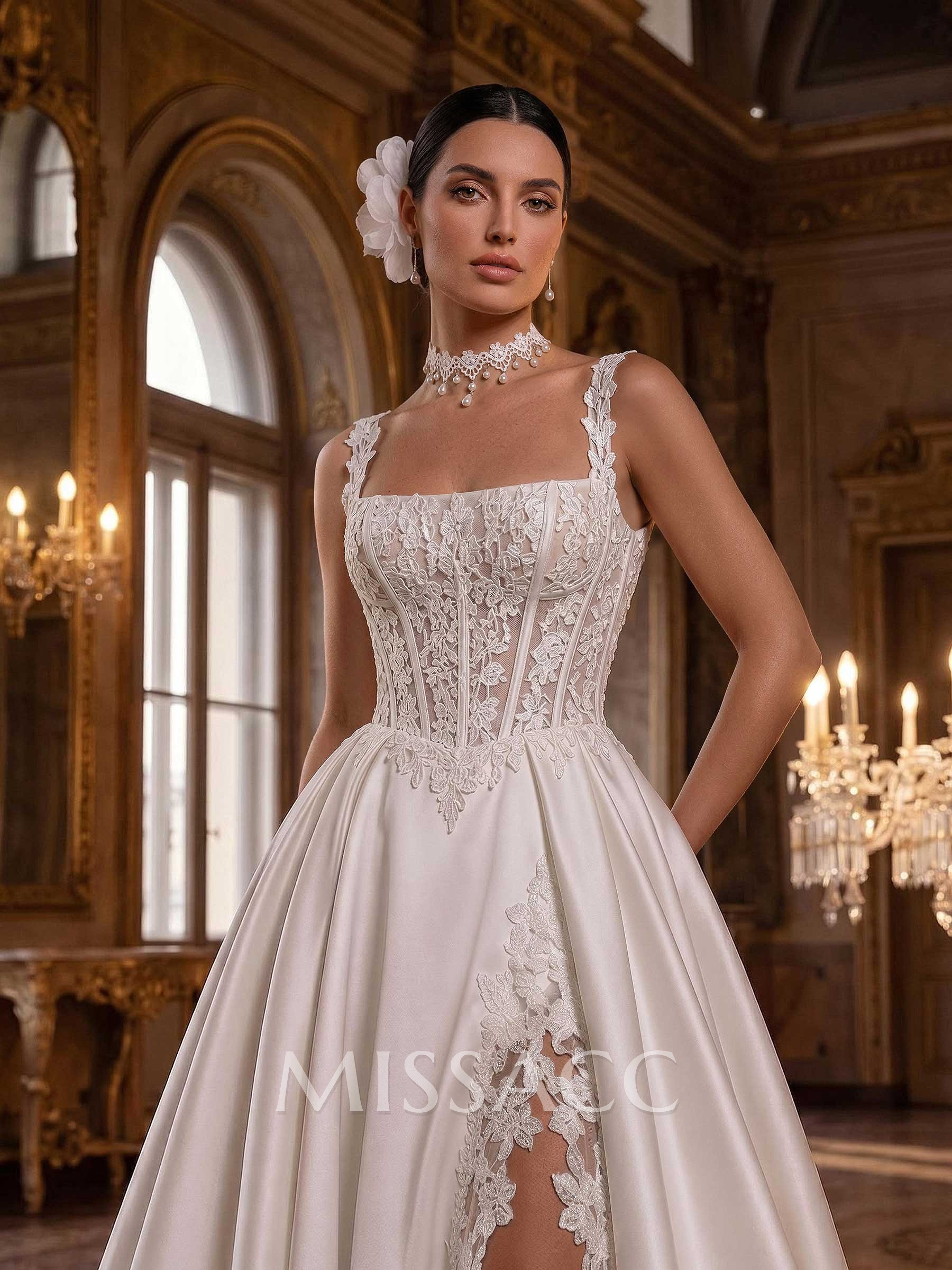 A-Line Square Neckline Sleeveless Chapel Train Lace Bride Wedding Dress With Appliques Lace A-Line Square Neckline Sleeveless Chapel Train Lace Bride Wedding Dress With Appliques Lace