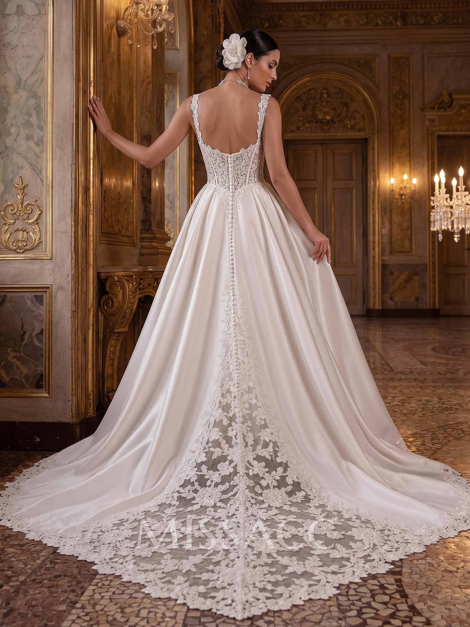 A-Line Square Neckline Sleeveless Chapel Train Lace Bride Wedding Dress With Appliques Lace A-Line Square Neckline Sleeveless Chapel Train Lace Bride Wedding Dress With Appliques Lace