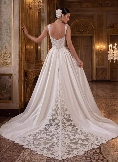 A-Line Square Neckline Sleeveless Chapel Train Lace Wedding Dress With Appliques Lace