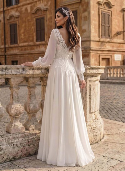 A-Line V-Neck Long Sleeves Floor-Length Chiffon Wedding Dresses With Lace