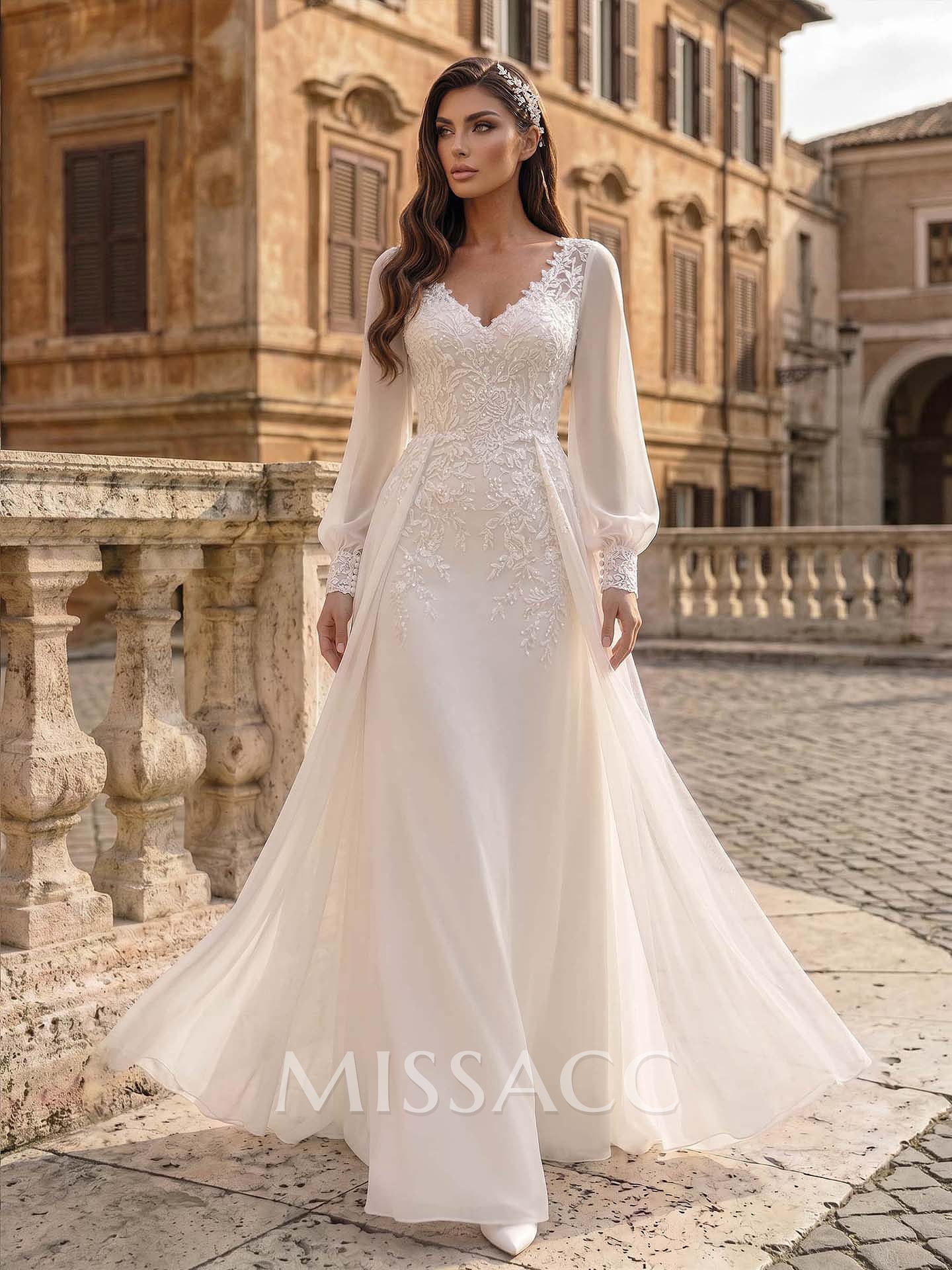 A-Line V-Neck Long Sleeves Floor-Length Chiffon Wedding Dresses With Lace