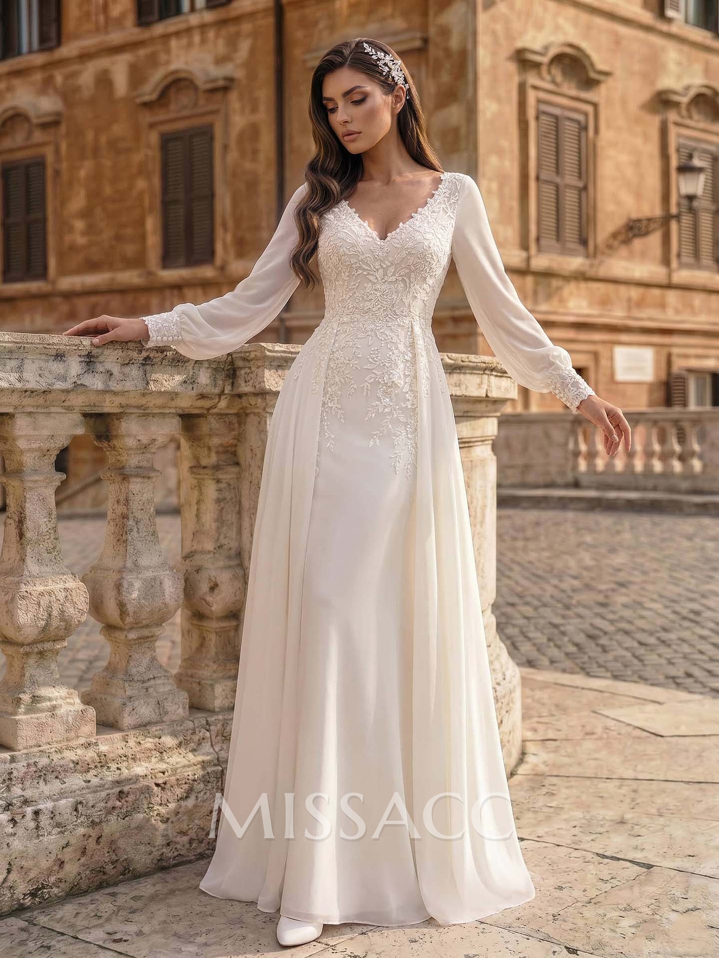 A-Line V-Neck Long Sleeves Floor-Length Chiffon Wedding Dresses With Lace