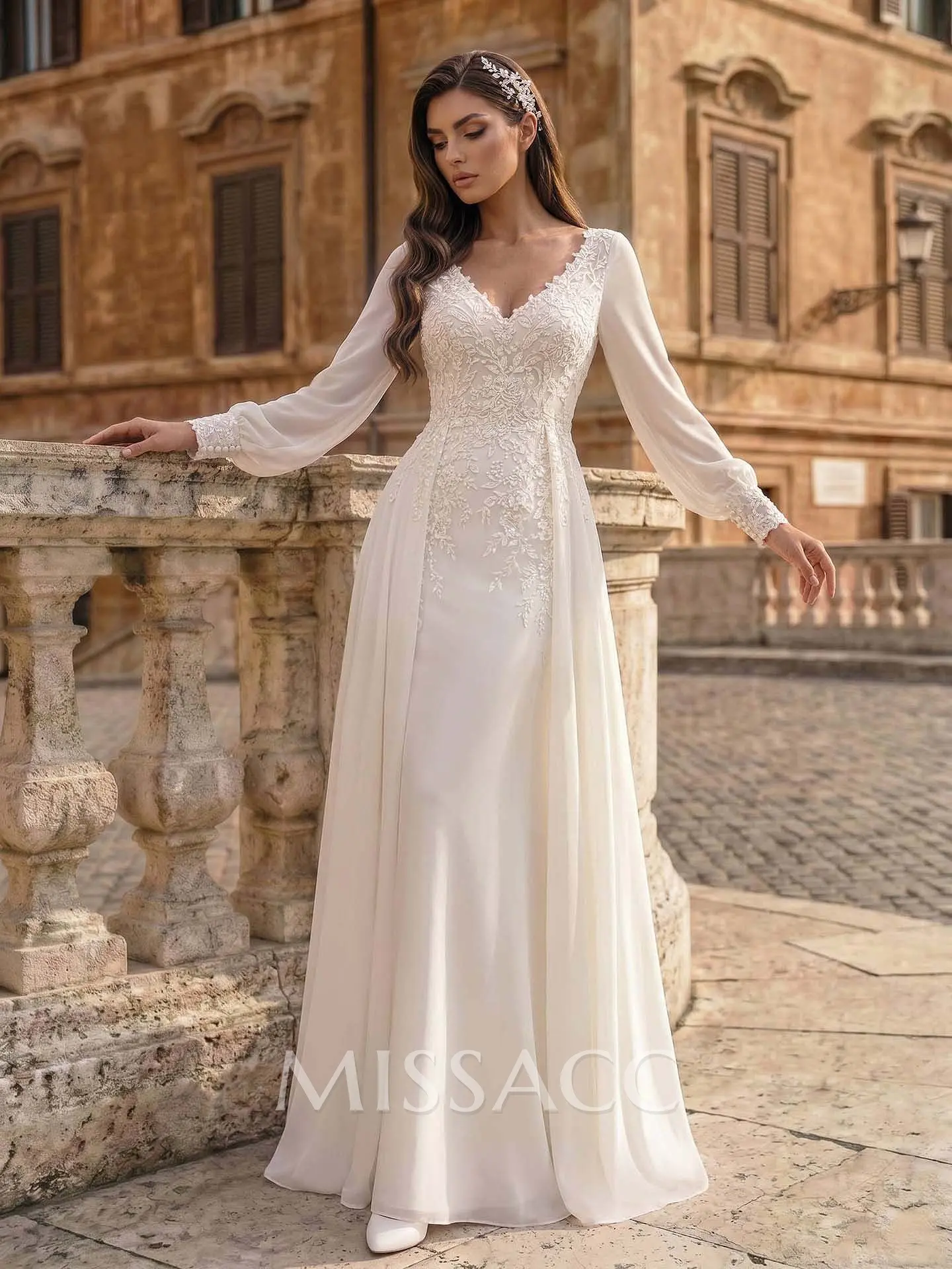 chiffon wedding dress with long sleeves A-Line Floor Sleeve Sequins and Train Diamond White / 0 this sophisticated dress will be your lovely partner Long Sleeved Lace & Chiffon
