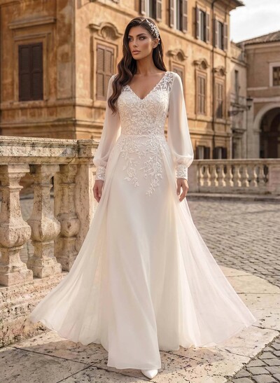 A-Line V-Neck Long Sleeves Floor-Length Chiffon Wedding Dresses With Lace