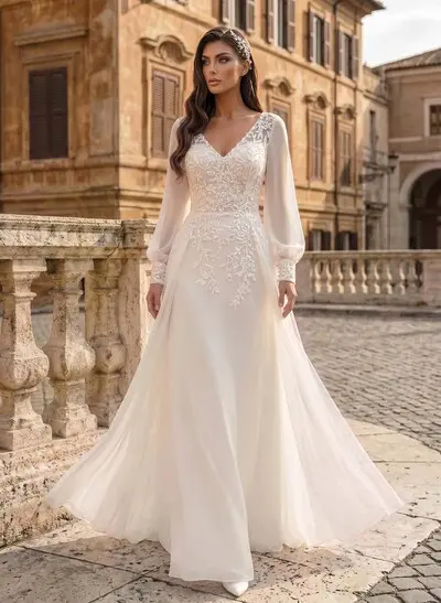 A-Line V-Neck Long Sleeves Floor-Length Chiffon Wedding Dresses With Lace
