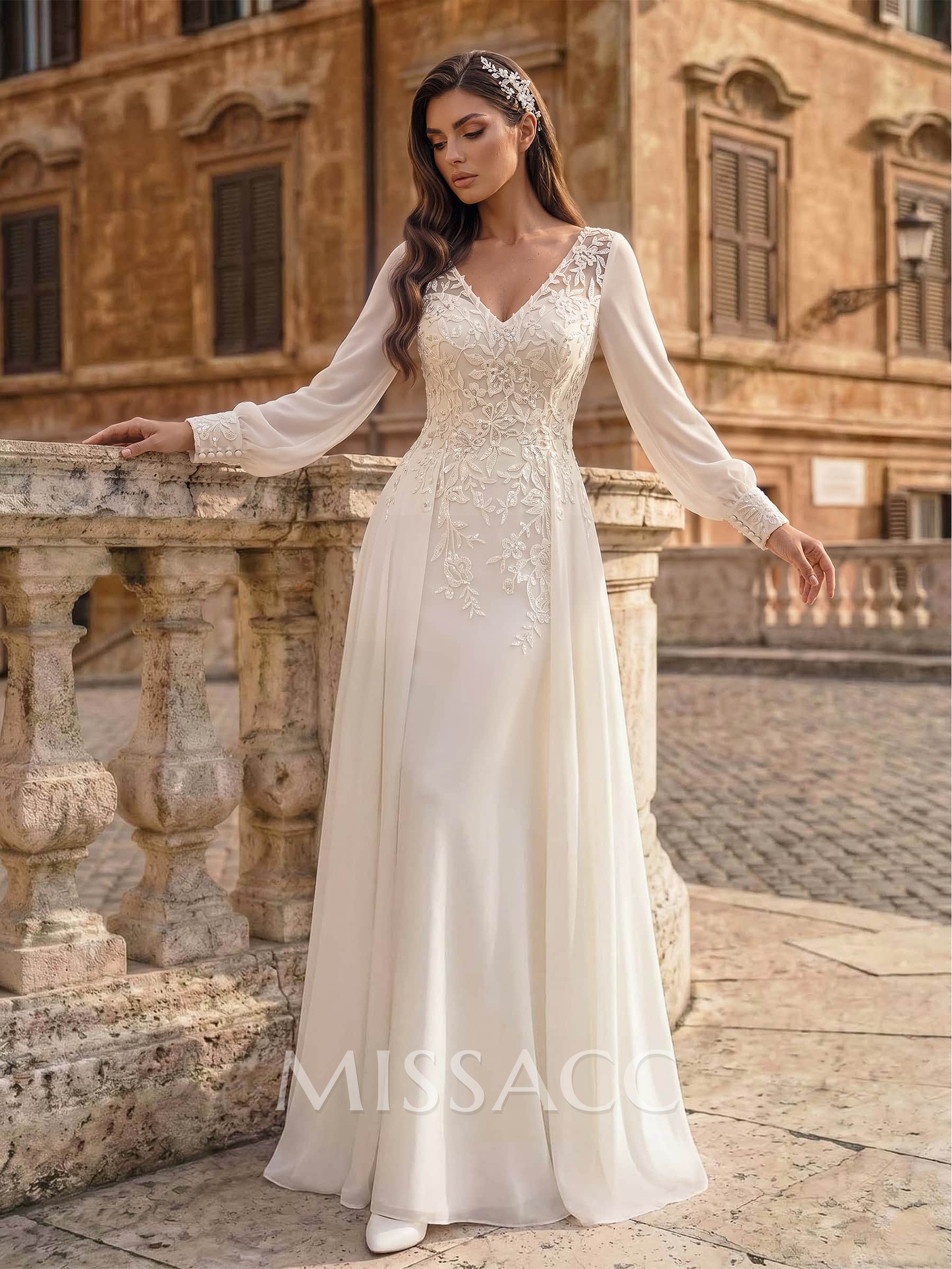 A-Line V-Neck Long Sleeves Floor-Length Chiffon Wedding Dresses With Lace
