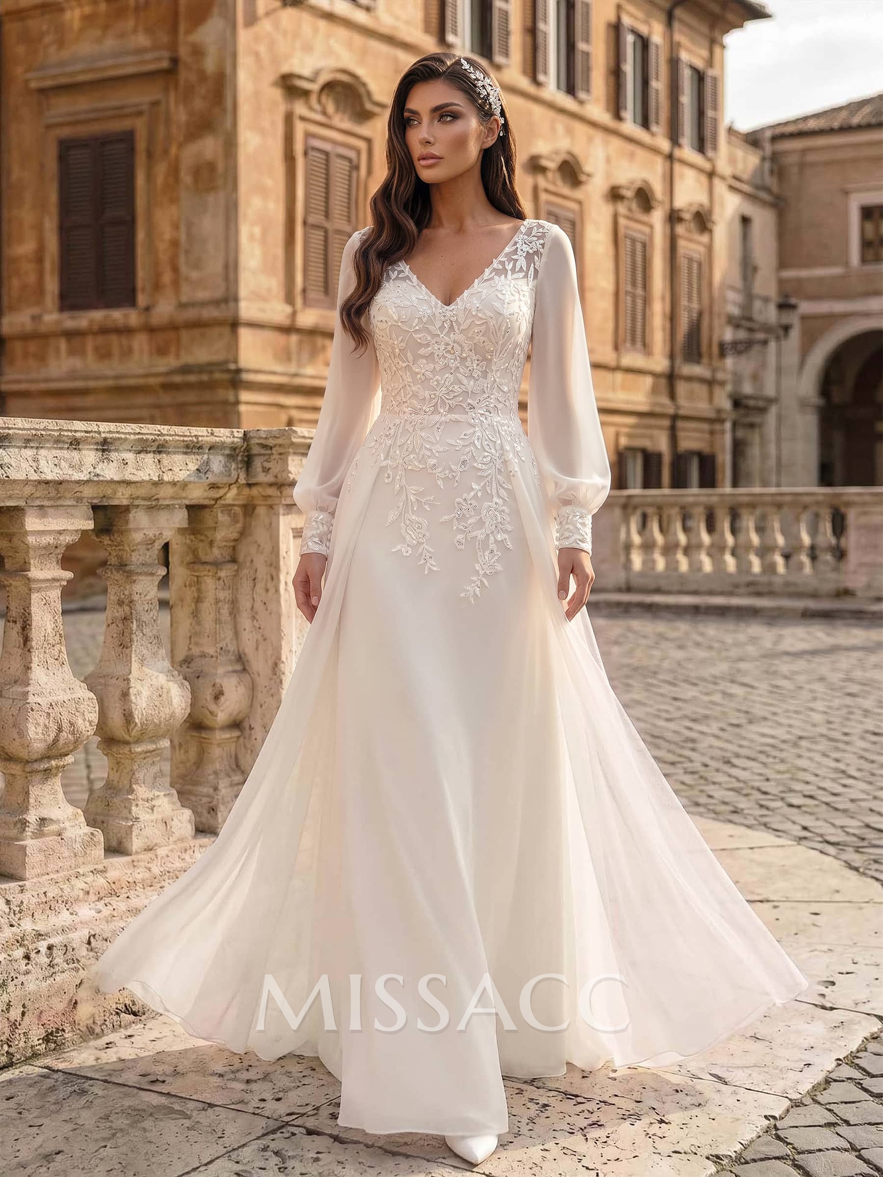 A-Line V-Neck Long Sleeves Floor-Length Chiffon Wedding Dresses With Lace