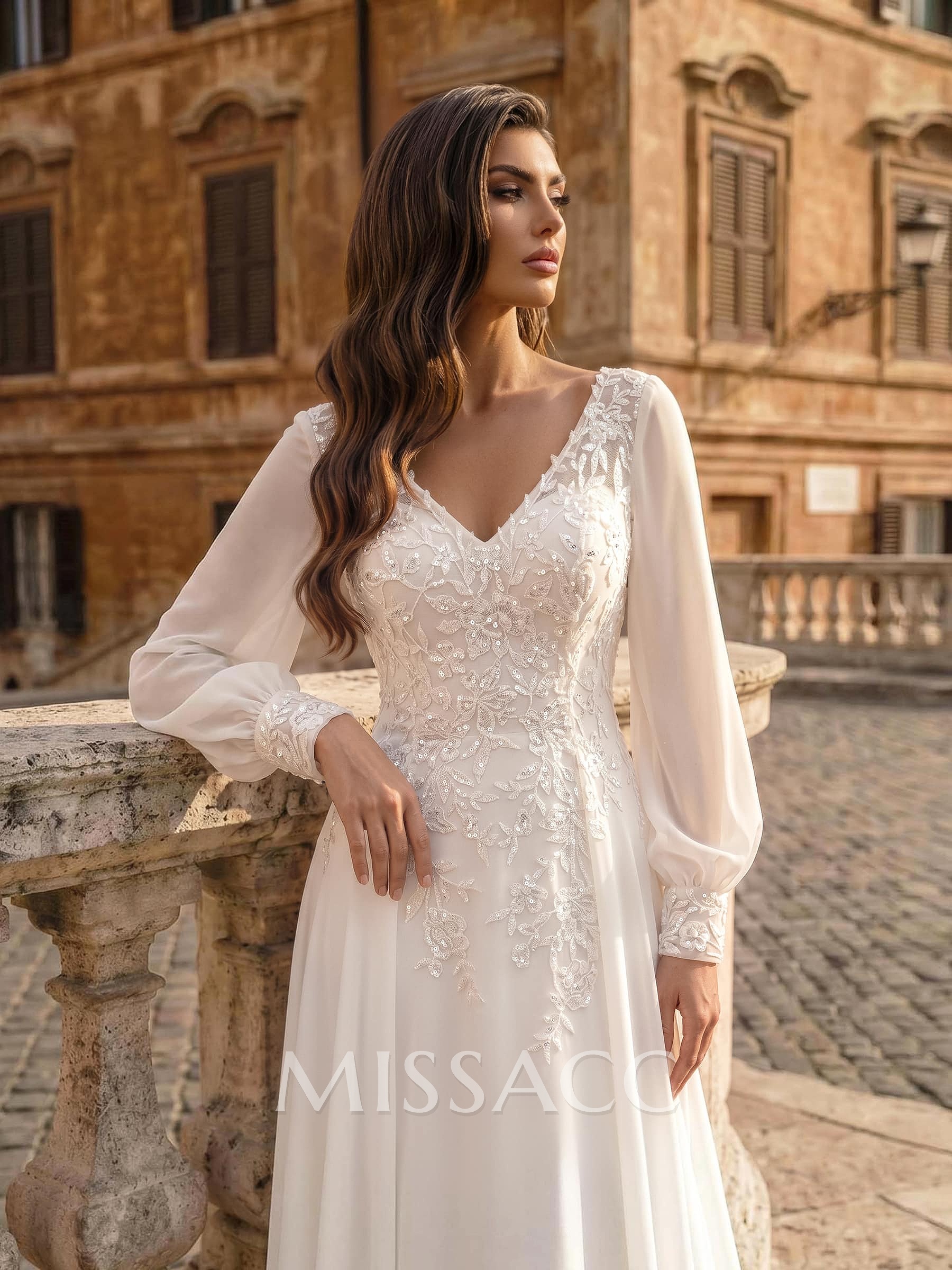A-Line V-Neck Long Sleeves Floor-Length Chiffon Wedding Dresses With Lace