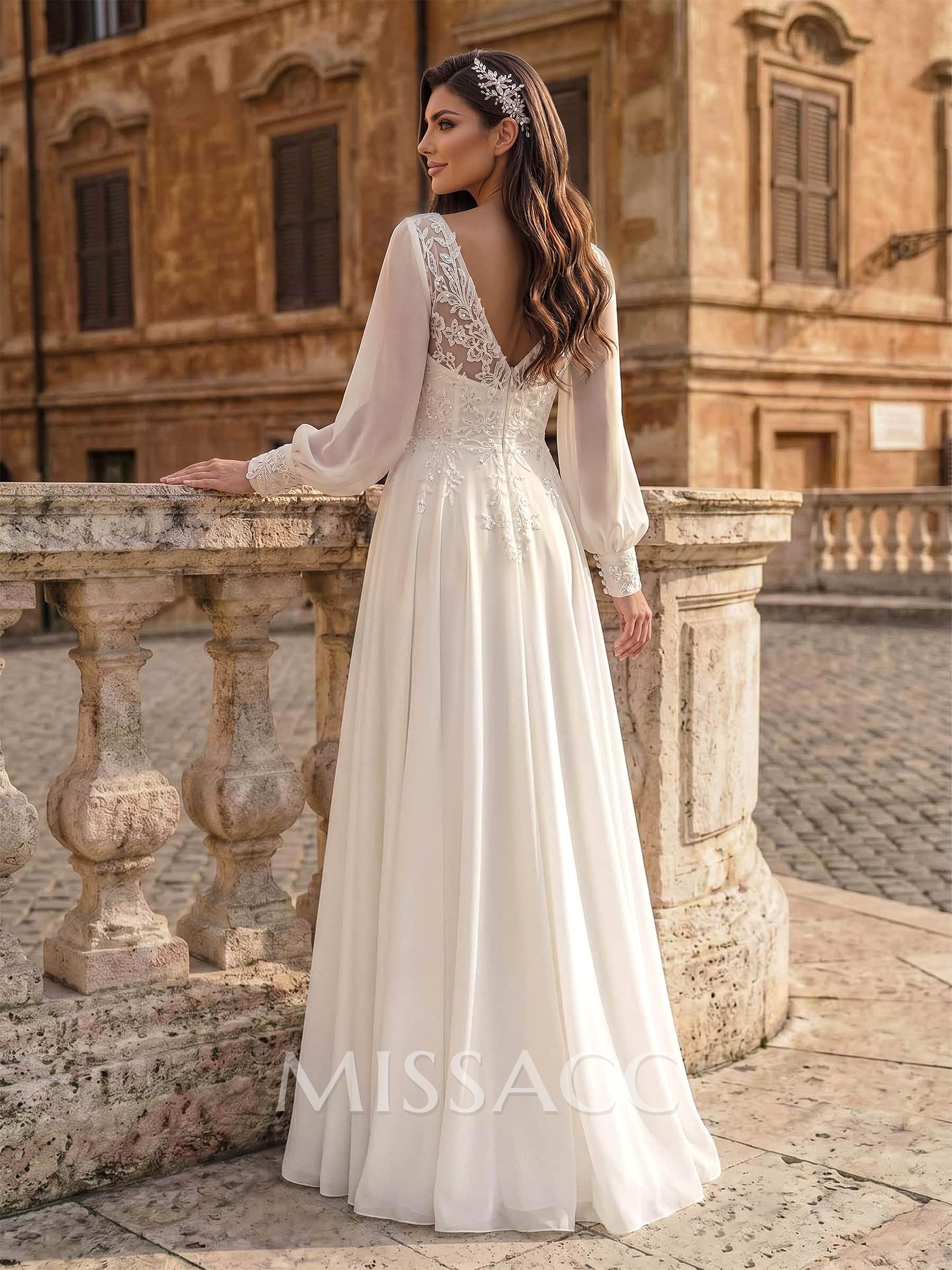 A-Line V-Neck Long Sleeves Floor-Length Chiffon Wedding Dresses With Lace
