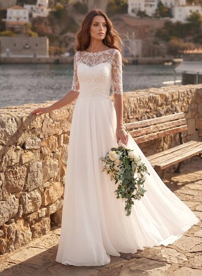 A-Line Illusion Neck 1/2 Sleeves Floor-Length Chiffon Wedding Dresses With Appliques Lace