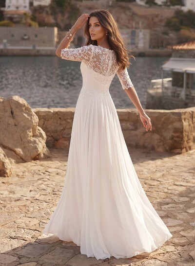 A-Line Illusion Neck 1/2 Sleeves Floor-Length Chiffon Wedding Dresses With Appliques Lace
