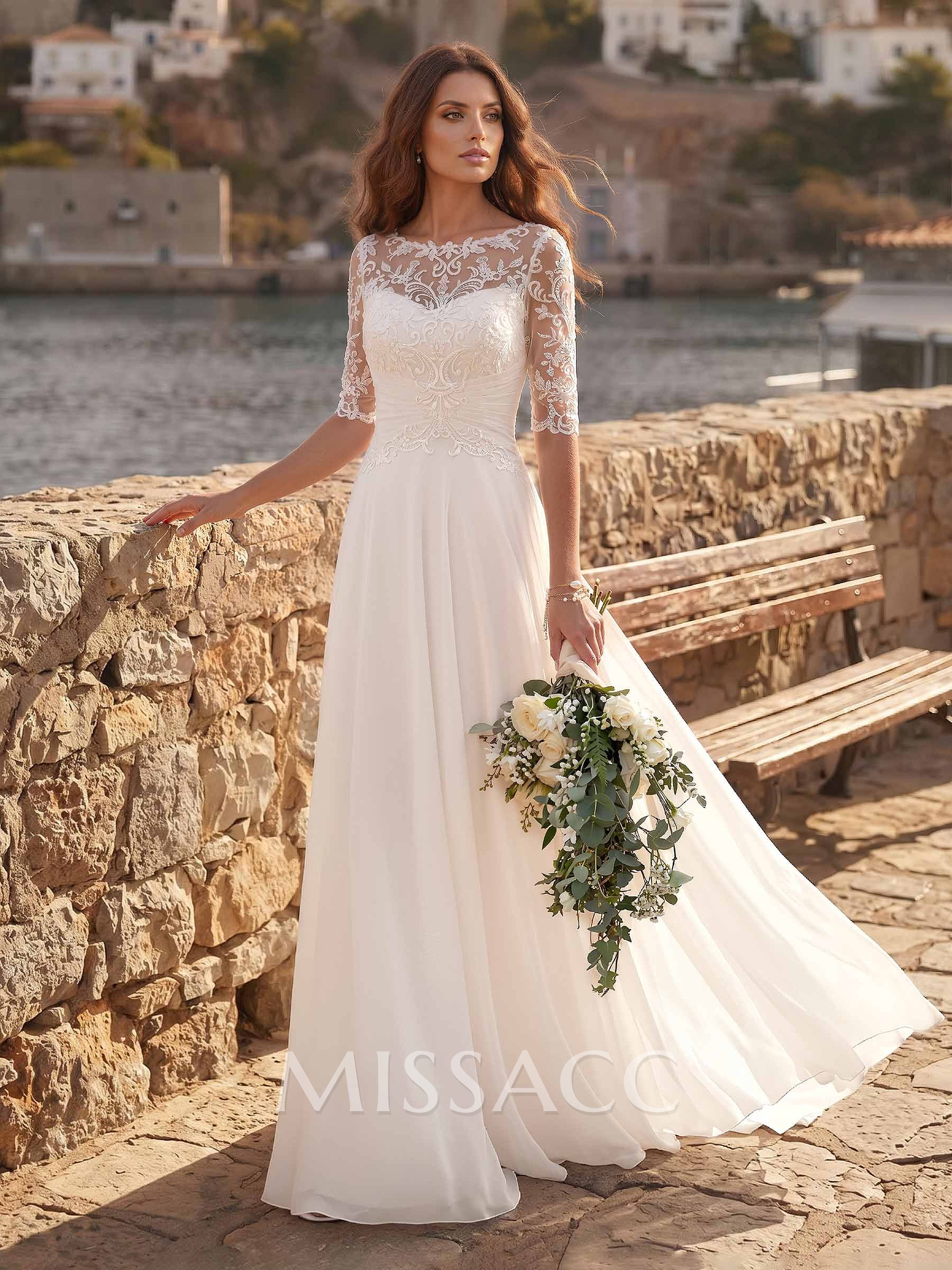 A-Line Illusion Neck 1/2 Sleeves Floor-Length Chiffon Wedding Dresses With Appliques Lace