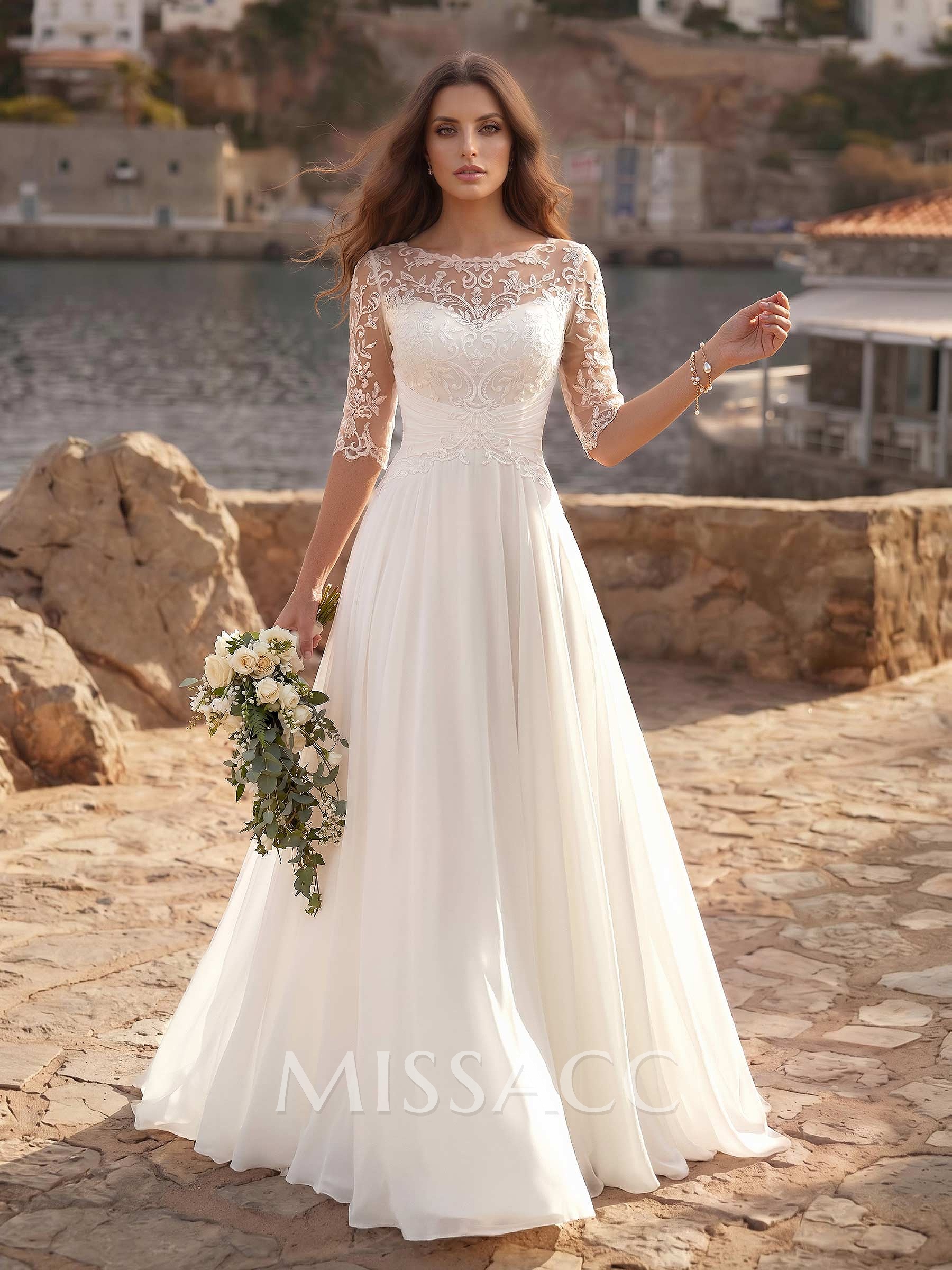 A-Line Illusion Neck 1/2 Sleeves Floor-Length Chiffon Wedding Dresses With Appliques Lace