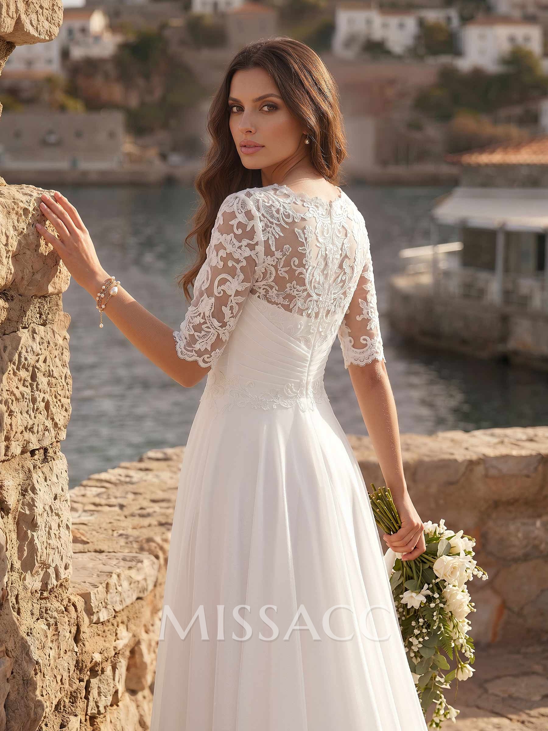 A-Line Illusion Neck 1/2 Sleeves Floor-Length Chiffon Wedding Dresses With Appliques Lace