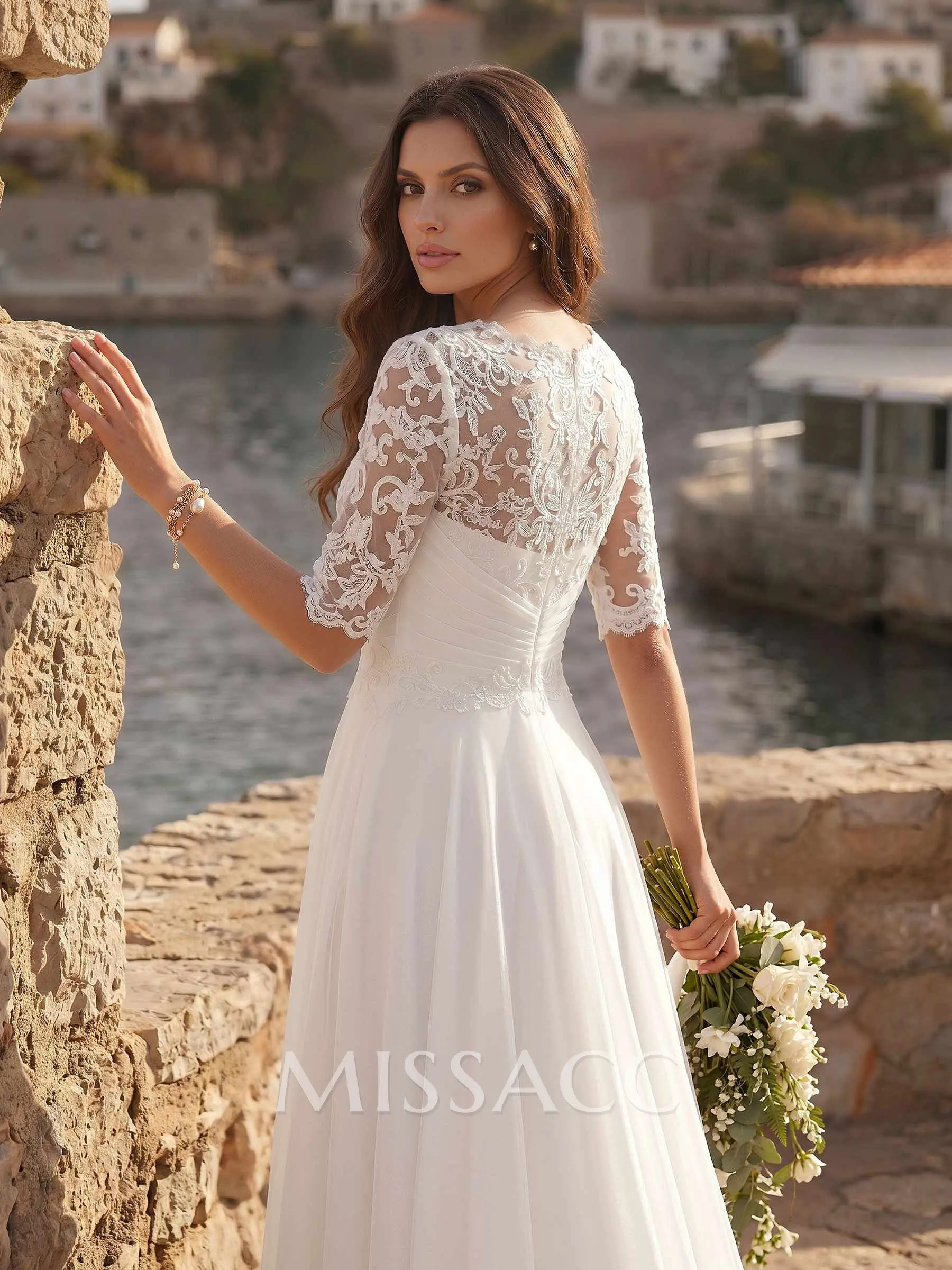 illusion lace and chiffon a line wedding dress Illusion Lace Wedding Dresses