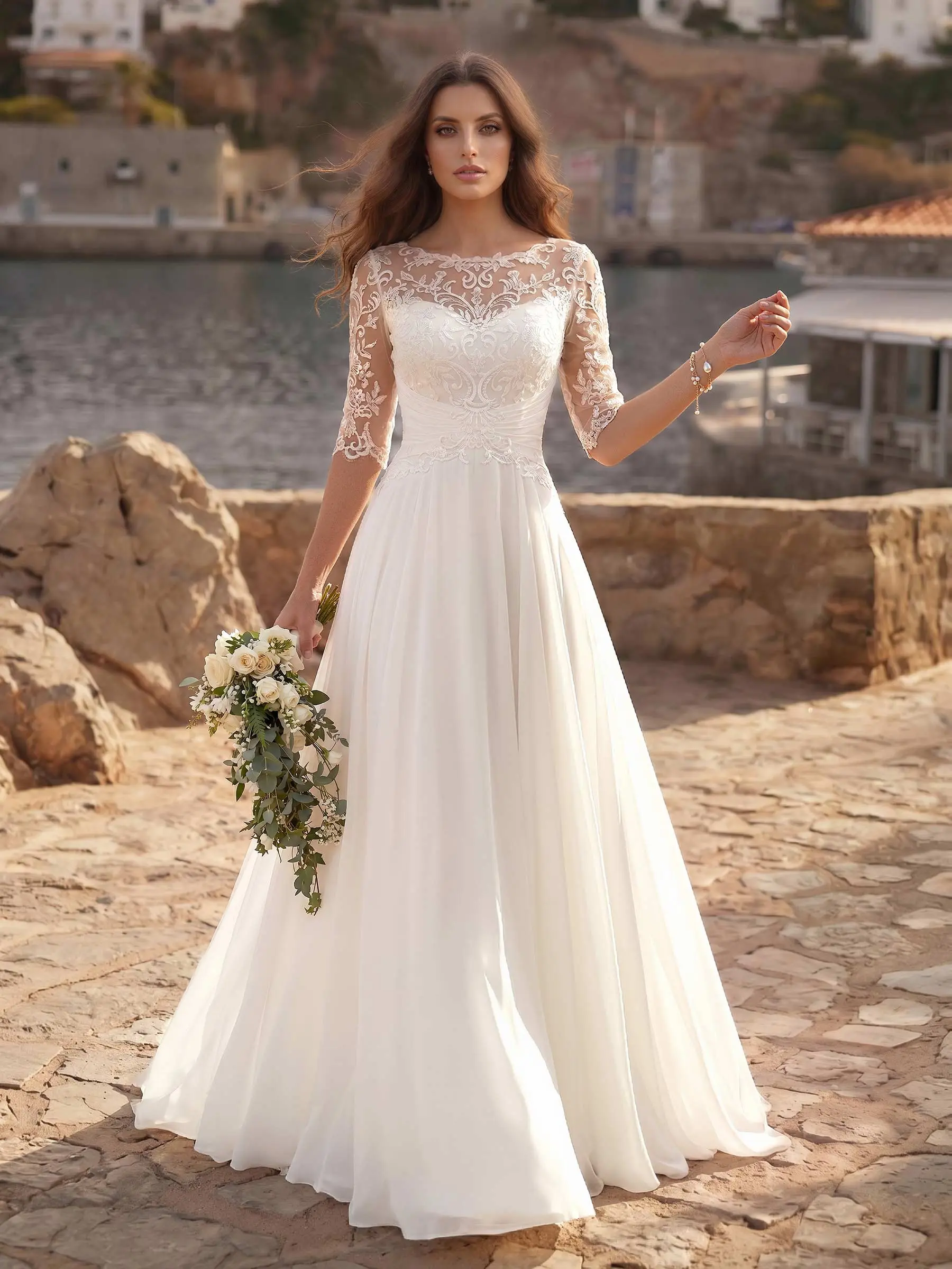 A-Line Illusion Neck 1/2 Sleeves Floor-Length Chiffon Wedding Dresses With Appliques Lace