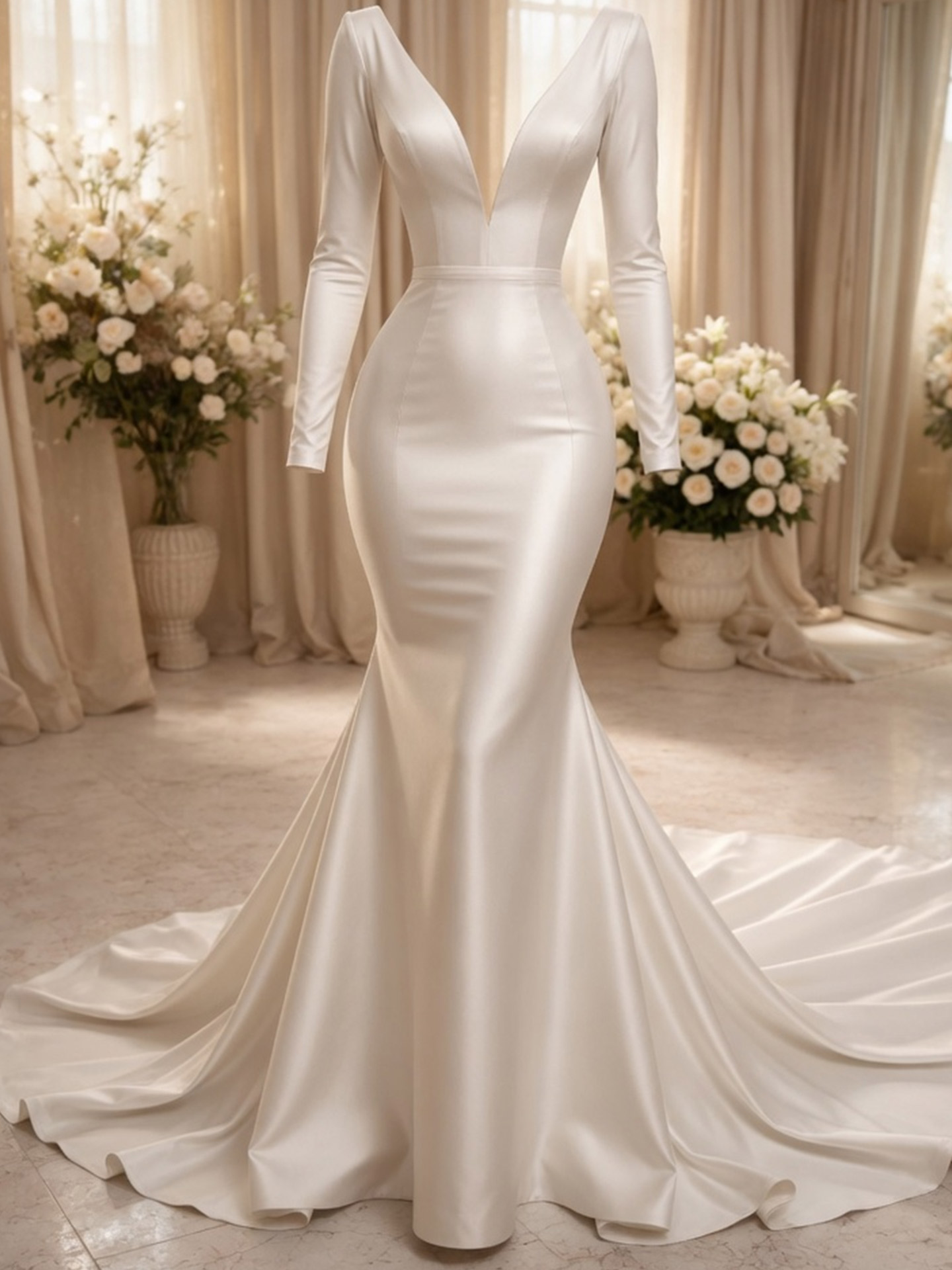 Trumpet/Mermaid Plunge Neck Long Sleeves Chapel Train Satin Wedding Dresses