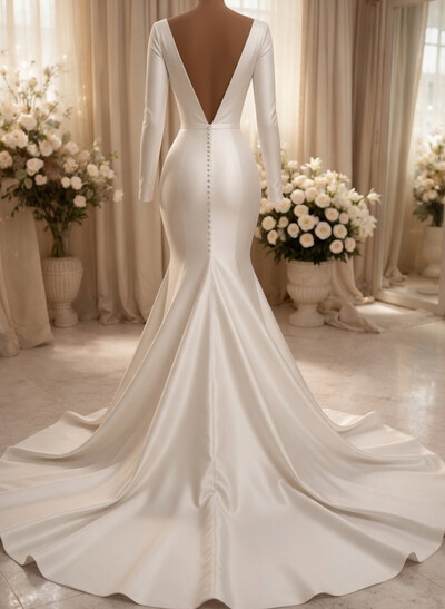 Trumpet/Mermaid Plunge Neck Long Sleeves Chapel Train Satin Wedding Dresses
