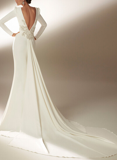 Trumpet/Mermaid Scoop Neck Long Sleeves Court Train Elastic Satin Bride Wedding Dress With Appliques Lace