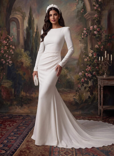 Trumpet/Mermaid Scoop Neck Long Sleeves Court Train Elastic Satin Bride Wedding Dress With Appliques Lace