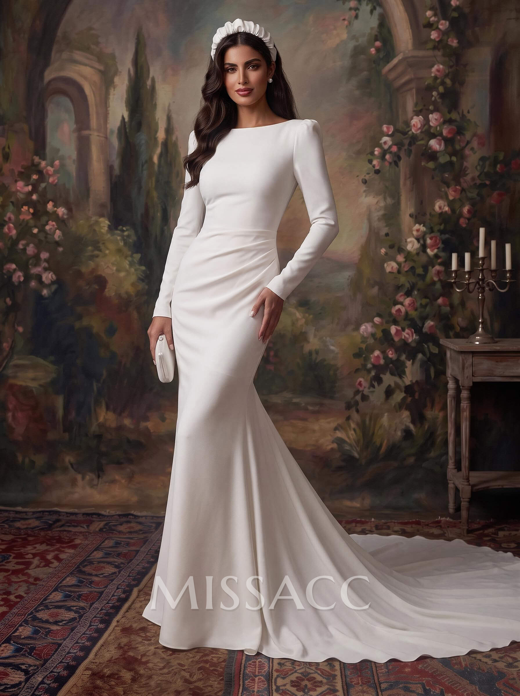 Trumpet/Mermaid Scoop Neck Long Sleeves Court Train Elastic Satin Bride Wedding Dress With Appliques Lace