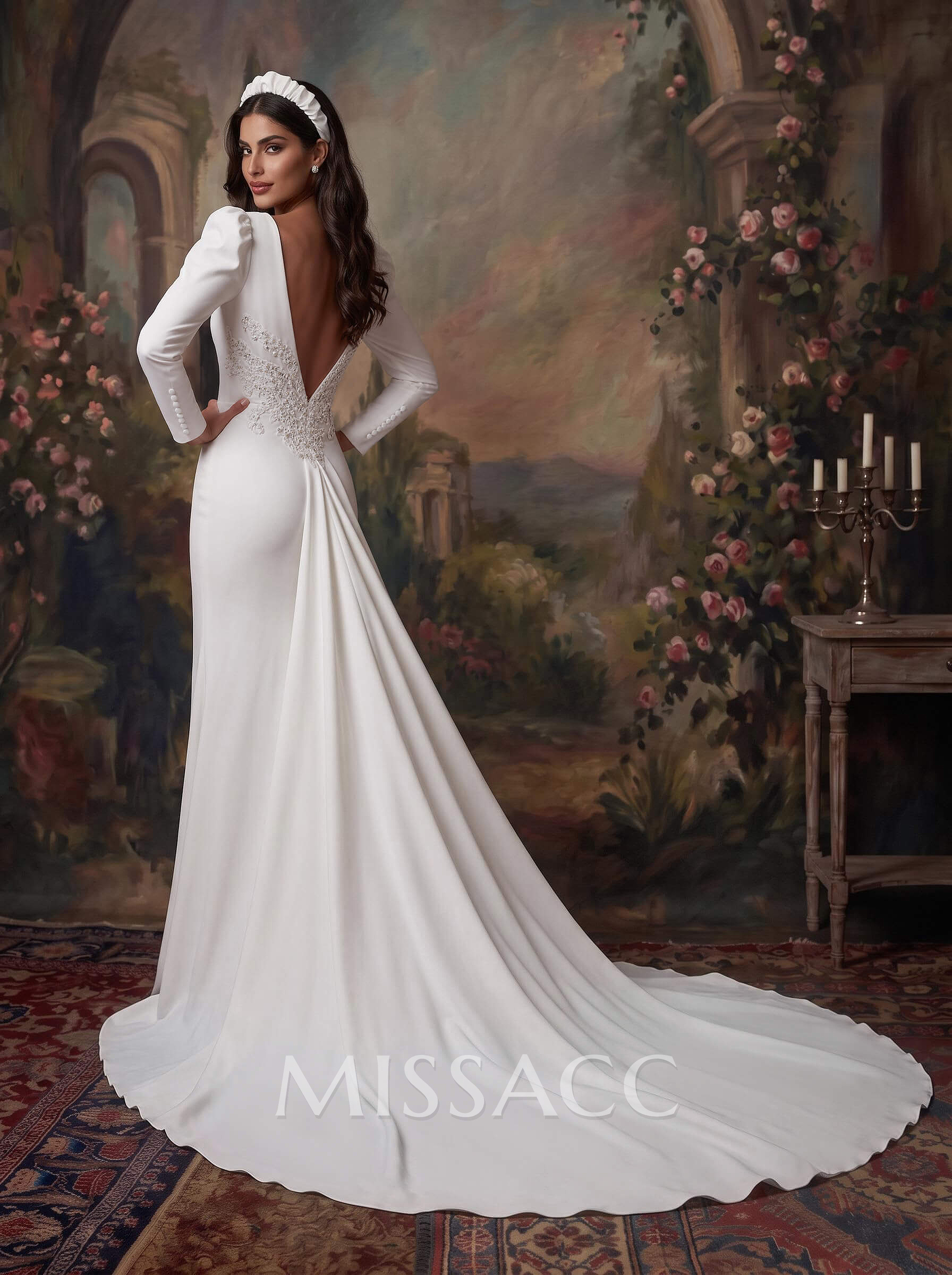 Trumpet/Mermaid Scoop Neck Long Sleeves Court Train Elastic Satin Bride Wedding Dress With Appliques Lace