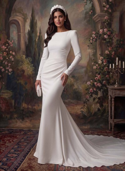 Trumpet/Mermaid Scoop Neck Long Sleeves Court Train Elastic Satin Bride Wedding Dress With Appliques Lace