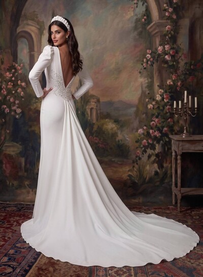 Trumpet/Mermaid Scoop Neck Long Sleeves Court Train Elastic Satin Bride Wedding Dress With Appliques Lace