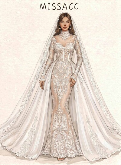 Trumpet/Mermaid Sweetheart Long Sleeves Detachable Lace Bride Wedding Dress With Appliques Lace