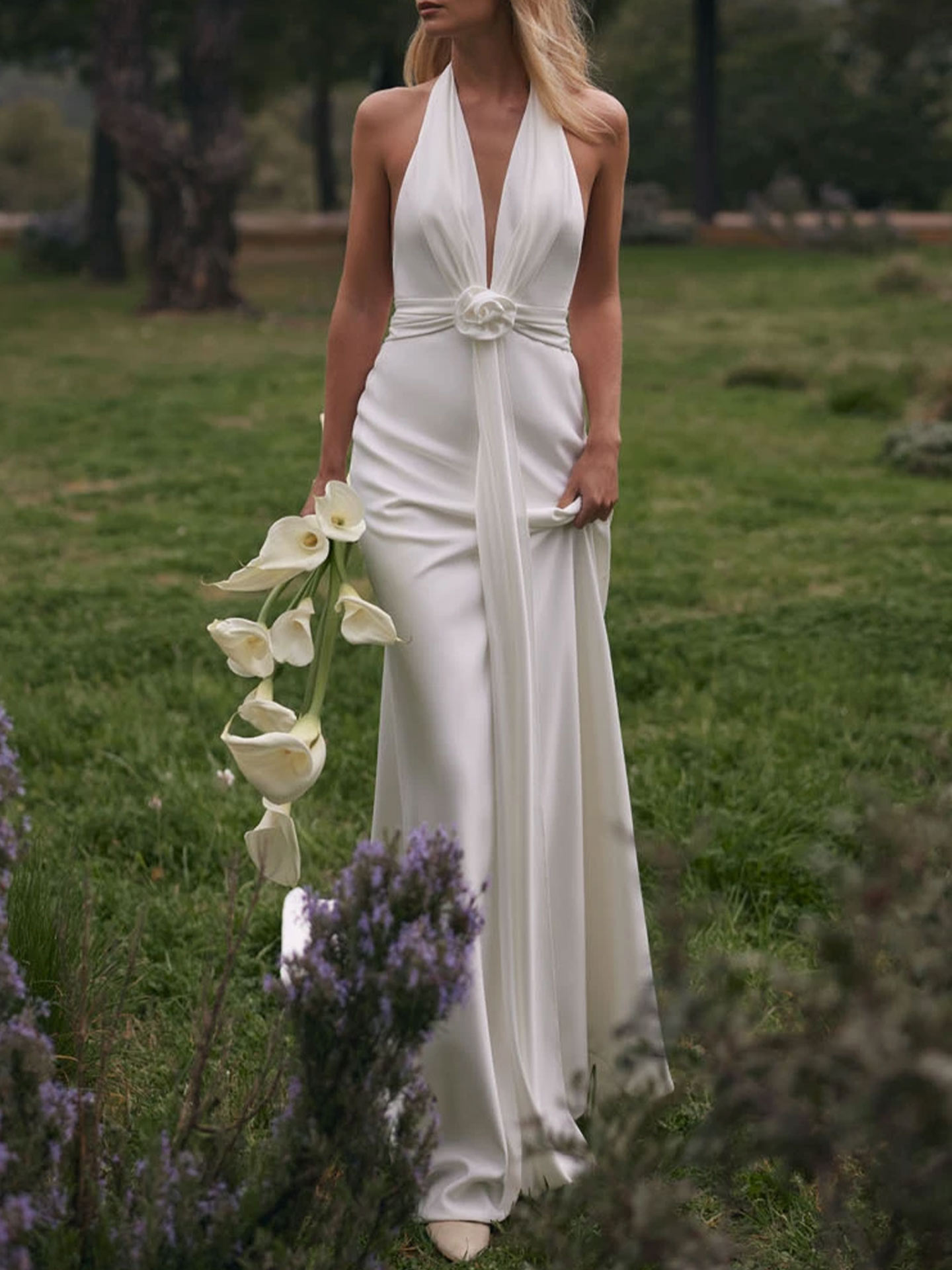 Trumpet/Mermaid Halter/Plunge Neck Sleeveless Cathedral Crepe Satin Wedding Dresses With Flower(s)