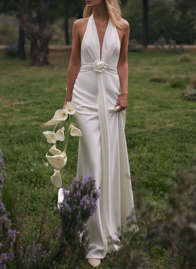 Trumpet/Mermaid Halter/Plunge Neck Sleeveless Cathedral Crepe Satin Wedding Dresses With Flower(s)
