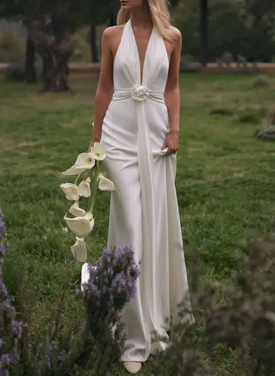 Trumpet/Mermaid Halter/Plunge Neck Sleeveless Cathedral Crepe Satin Wedding Dresses With Flower(s)