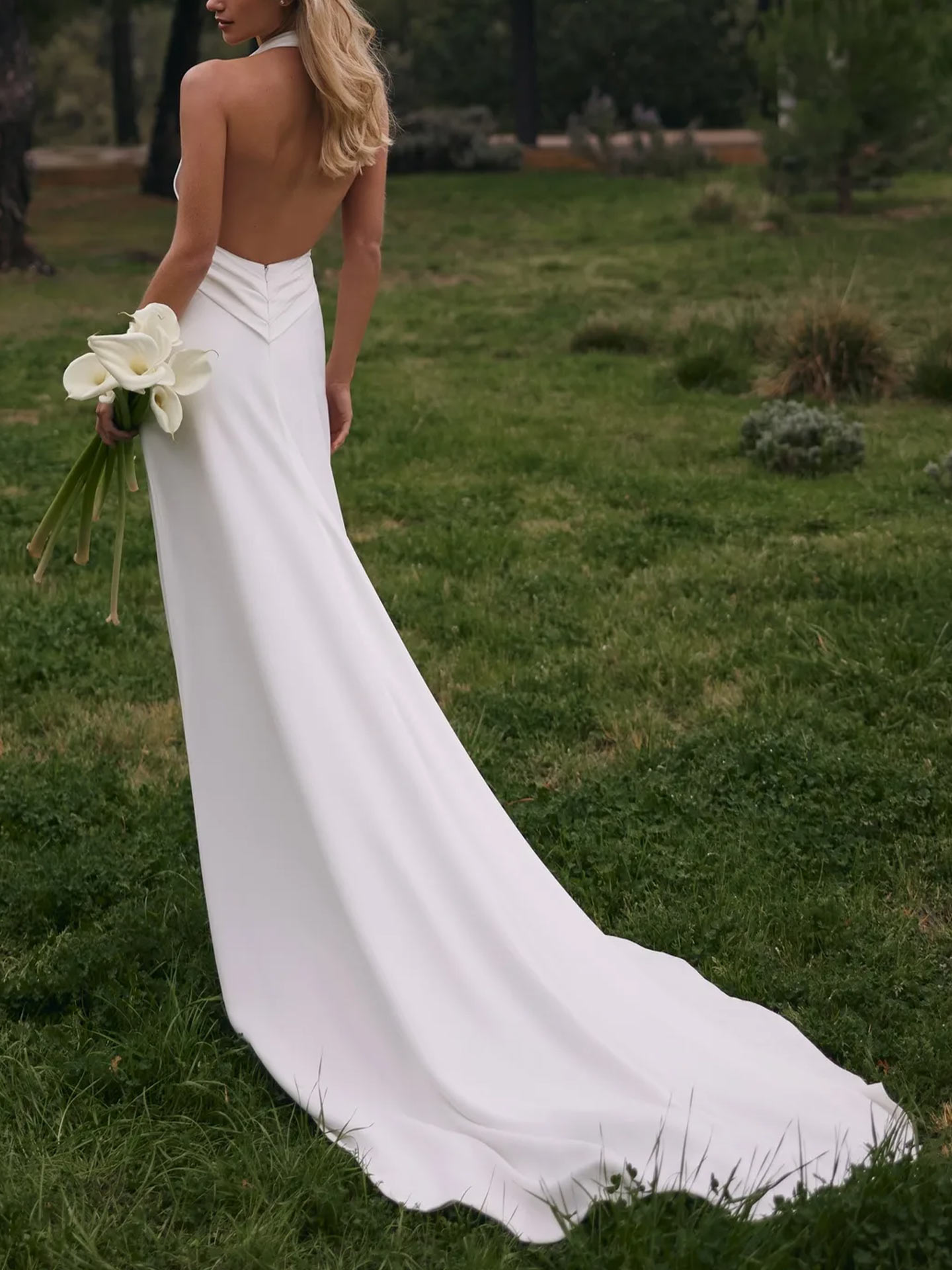 Trumpet/Mermaid Halter/Plunge Neck Sleeveless Cathedral Crepe Satin Wedding Dresses With Flower(s)
