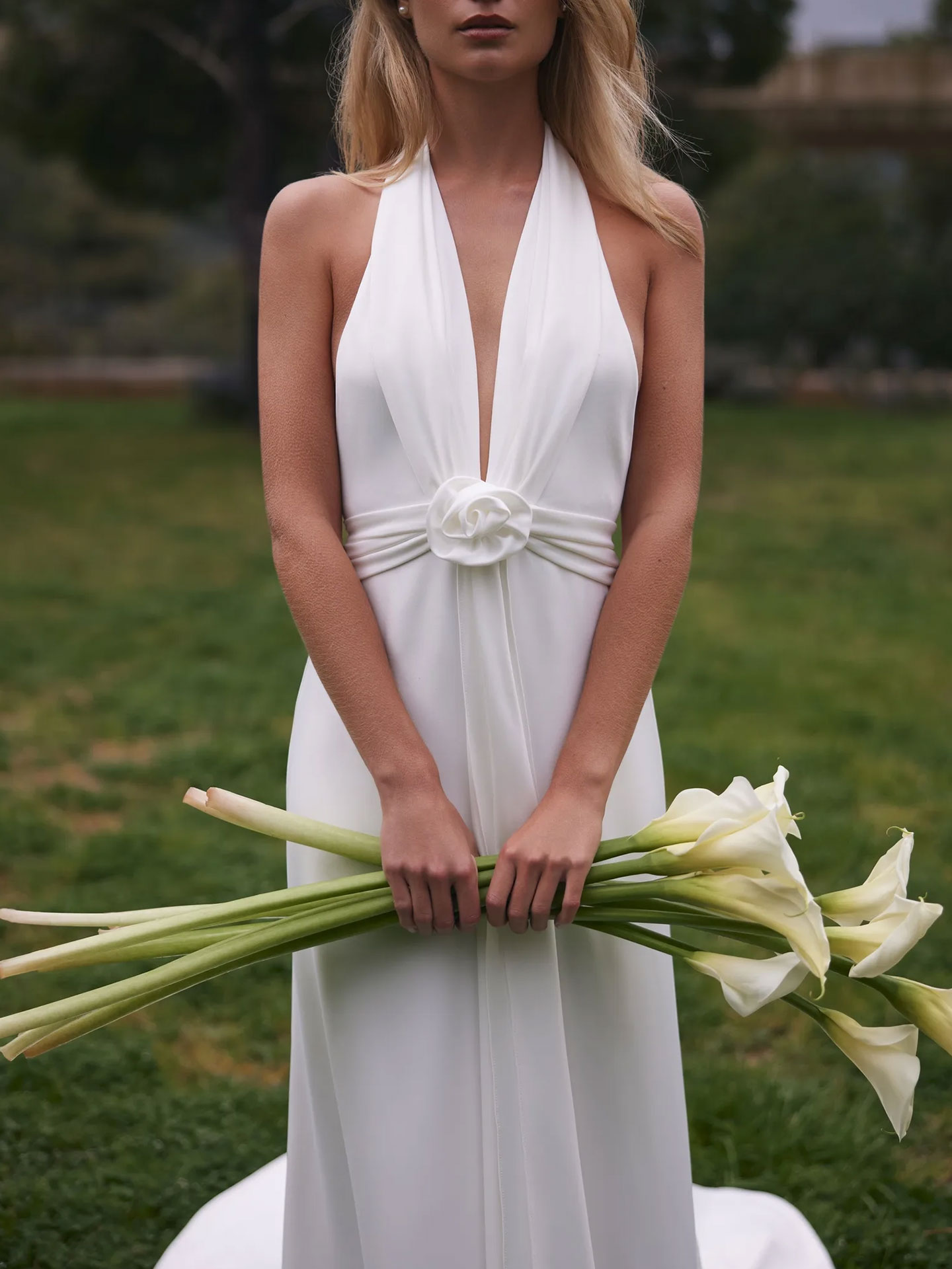 Trumpet/Mermaid Halter/Plunge Neck Sleeveless Cathedral Crepe Satin Wedding Dresses With Flower(s)