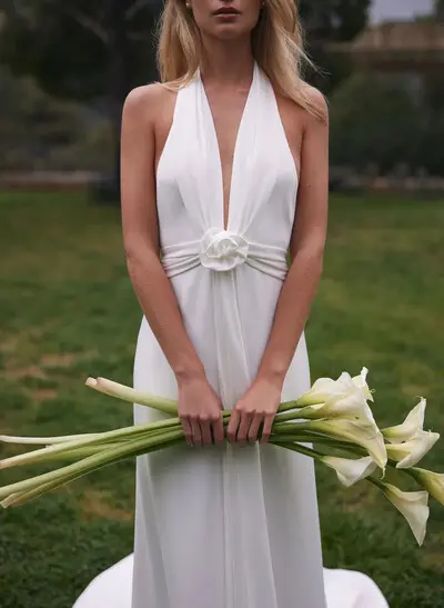 Trumpet/Mermaid Halter/Plunge Neck Sleeveless Cathedral Crepe Satin Wedding Dresses With Flower(s)