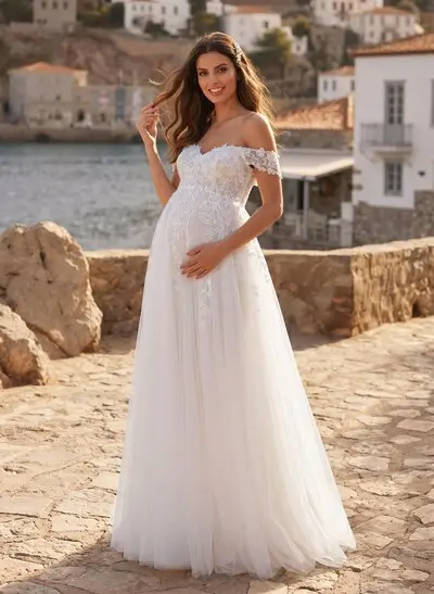 A-Line Off-The-Shoulder Sleeveless Floor-Length Lace/Tulle Maternity Wedding Dresses With Appliques Lace