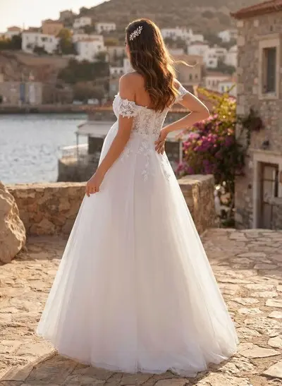 A-Line Off-The-Shoulder Sleeveless Floor-Length Lace/Tulle Maternity Wedding Dresses With Appliques Lace