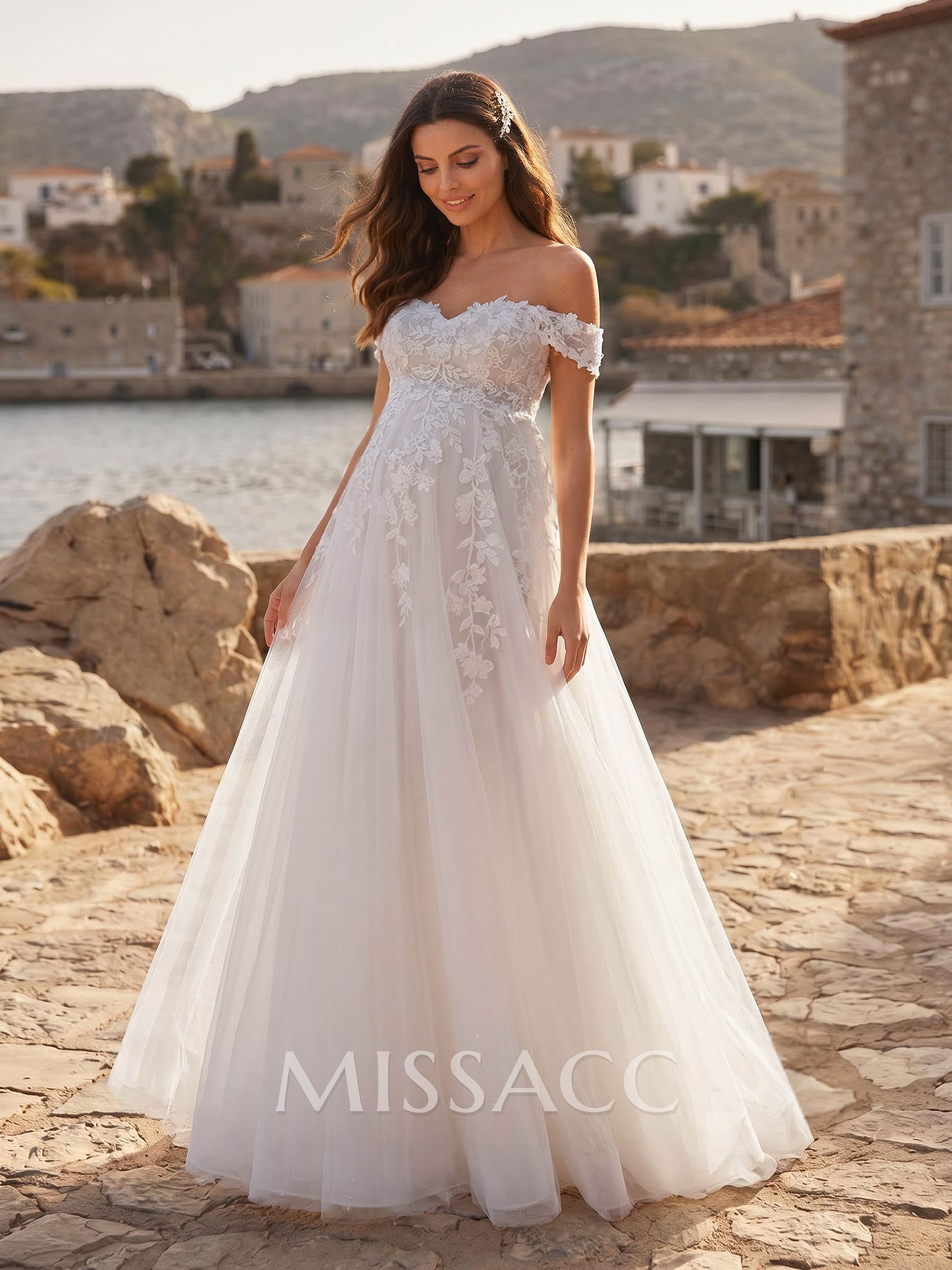 A-Line Off-The-Shoulder Sleeveless Floor-Length Lace/Tulle Maternity Wedding Dresses With Appliques Lace