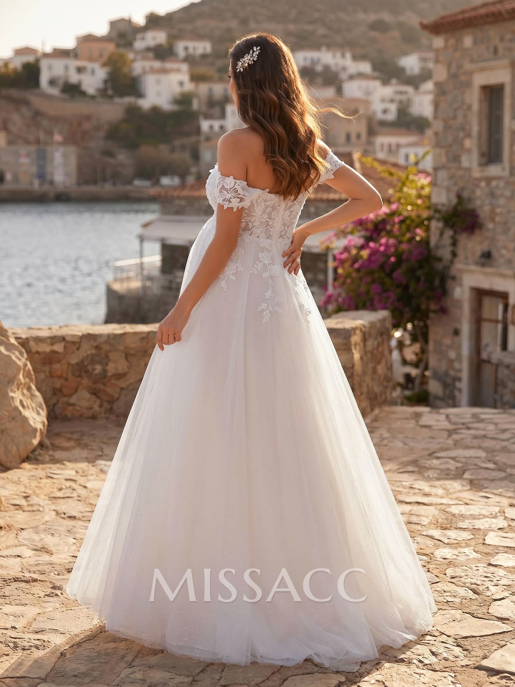 A-Line Off-The-Shoulder Sleeveless Floor-Length Lace/Tulle Maternity Wedding Dresses With Appliques Lace