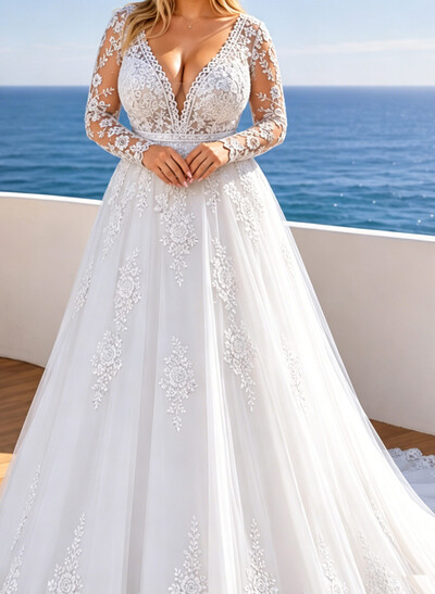 A-Line Plunge Neck Long Sleeves Chapel Train Satin Wedding Dresses With Appliques Lace