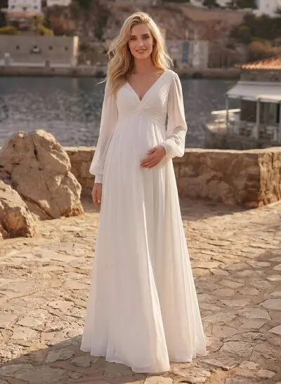 Elegant A-Line V-Neck Long Sleeves Floor-Length Chiffon Maternity Wedding Dresses