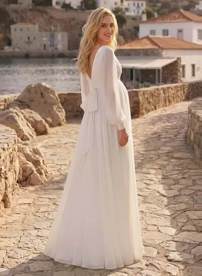 Elegant A-Line V-Neck Long Sleeves Floor-Length Chiffon Maternity Wedding Dresses