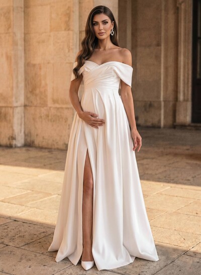 A-Line Off-The-Shoulder Sleeveless Floor-Length Satin Maternity Wedding Dresses With Bow(s)/High Split