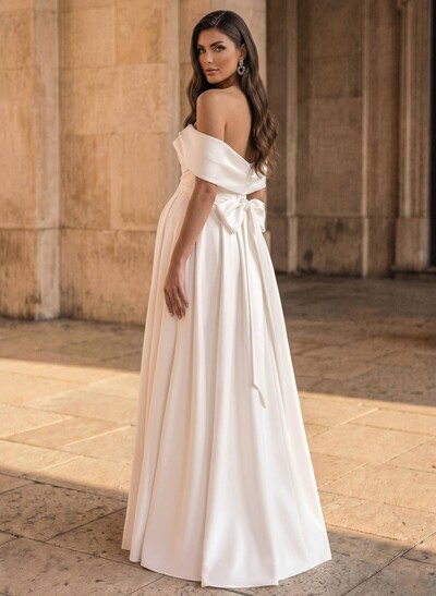 A-Line Off-The-Shoulder Sleeveless Floor-Length Satin Maternity Wedding Dresses With Bow(s)/High Split