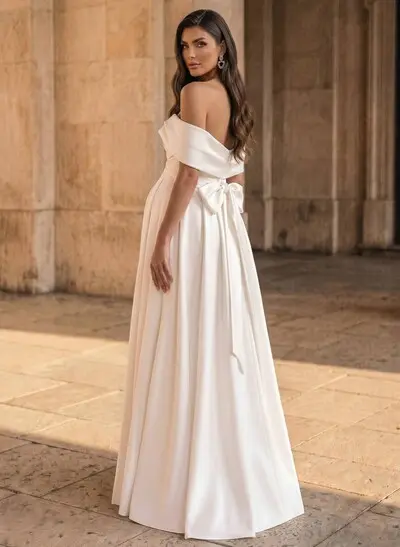A-Line Off-The-Shoulder Sleeveless Floor-Length Satin Maternity Wedding Dresses With Bow(s)/High Split