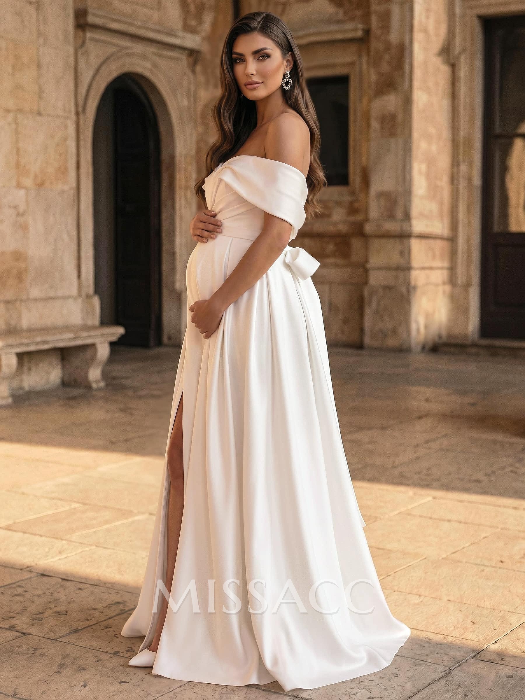 A-Line Off-The-Shoulder Sleeveless Floor-Length Satin Maternity Wedding Dresses With Bow(s)/High Split
